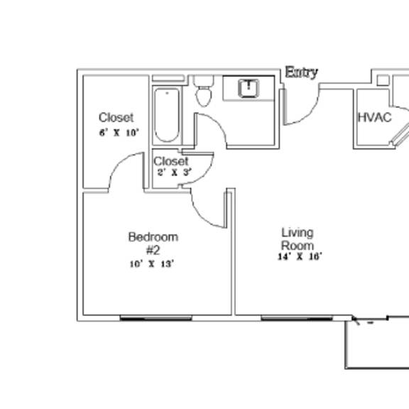Thumbnail 2 of 2 A floor plan of a house with two bedrooms, a living room, a kitchen, and two closets.