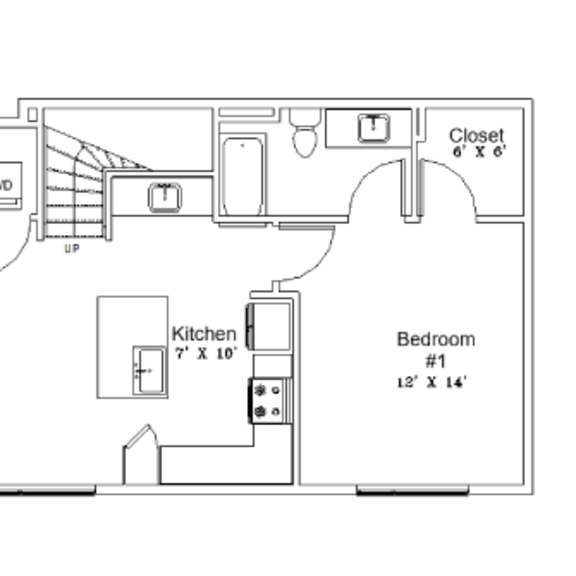 Thumbnail 3 of 3 A floor plan of a house with a kitchen, living room, and two bedrooms.