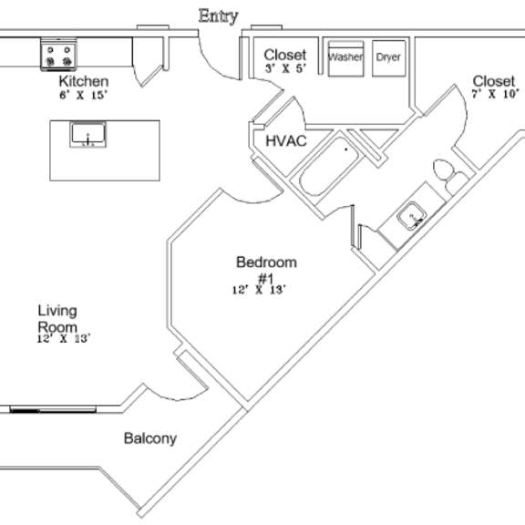 Thumbnail 2 of 2 A floor plan of a home with a living room, two bedrooms, a kitchen, a bathroom, and a balcony.