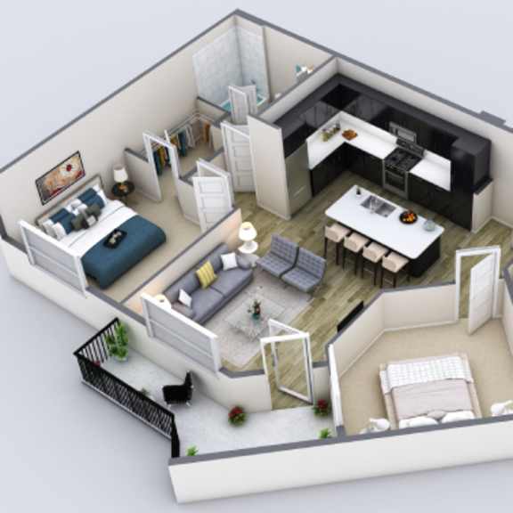 Thumbnail 1 of 2 A 3D rendered image of a modern apartment layout.