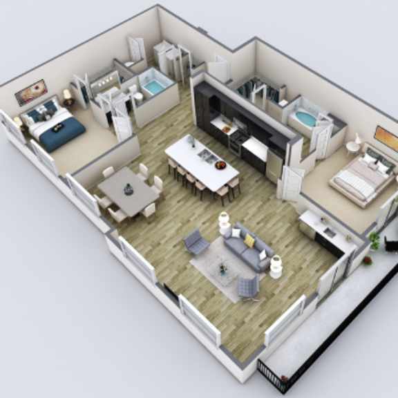 Thumbnail 1 of 2 A 3D rendered image of a small apartment layout.