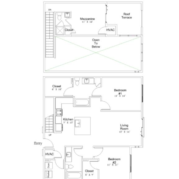 Thumbnail 3 of 4 A floor plan of a two-bedroom apartment with a living room, kitchen, and bathroom.