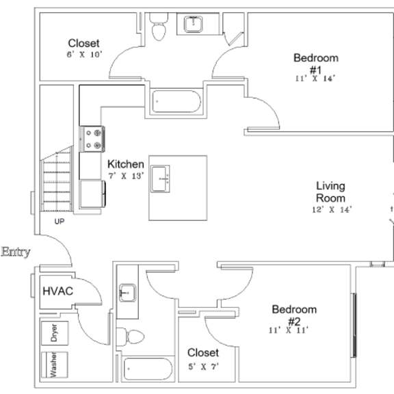 Thumbnail 4 of 4 A floor plan of a small apartment with two bedrooms, a living room, a kitchen, a closet, a washer and dryer, and an entry.