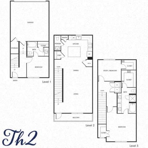 Thumbnail 1 of 4 A floor plan of a three-story residential building with labeled rooms.