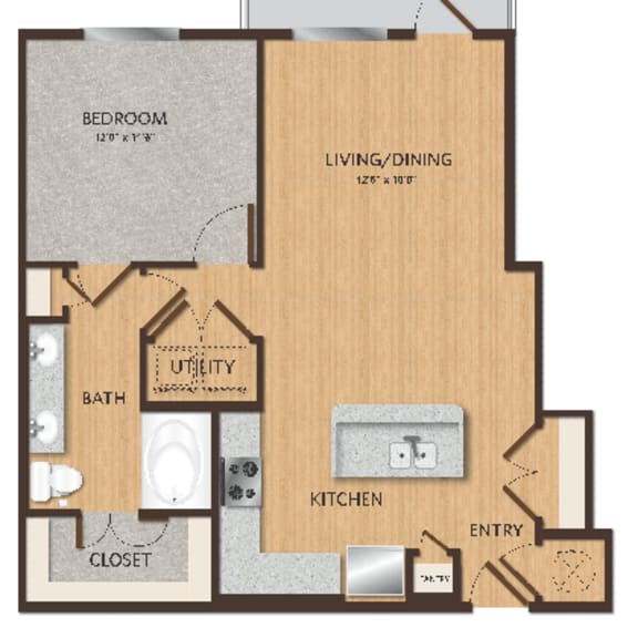 Thumbnail 1 of 2 A floor plan of a small apartment with a bedroom, living/dining area, kitchen, bathroom, and utility closet.