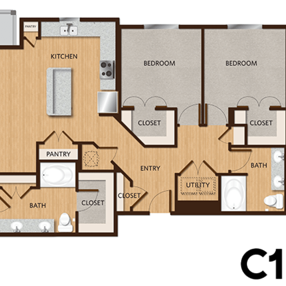 Thumbnail 1 of 4 A floor plan of a house with a living room, dining room, kitchen, pantry, two bedrooms, two bathrooms, and a balcony.