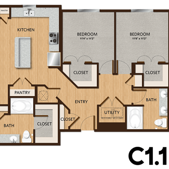 Thumbnail 2 of 4 A floor plan of an apartment with a living room, two bedrooms, a pantry, a bathroom, and a balcony.