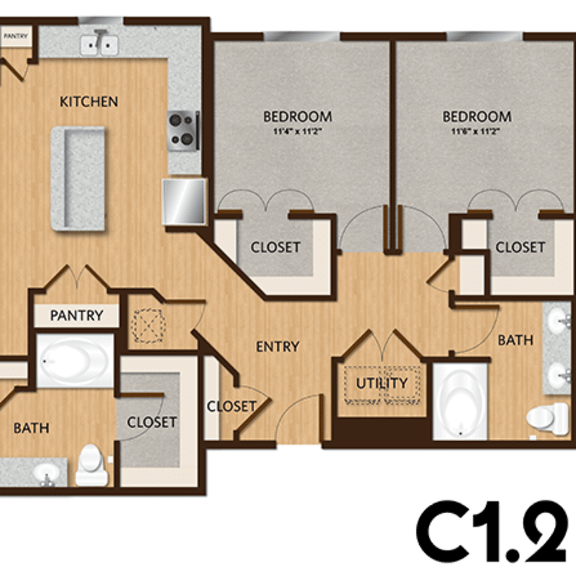 Thumbnail 3 of 4 A floor plan of a house with a living room, two bedrooms, a pantry, a kitchen, a bathroom, and an entry closet.