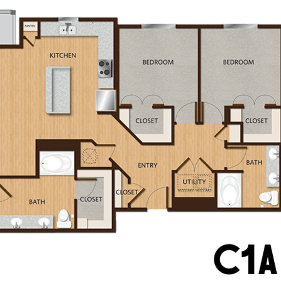 Thumbnail 4 of 4 A floor plan of an apartment with a living/dining area, kitchen, and three bedrooms.