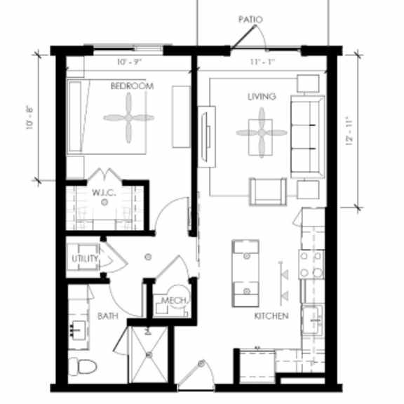 Thumbnail 2 of 2 A black and white image of a floor plan for a 750 square foot unit.