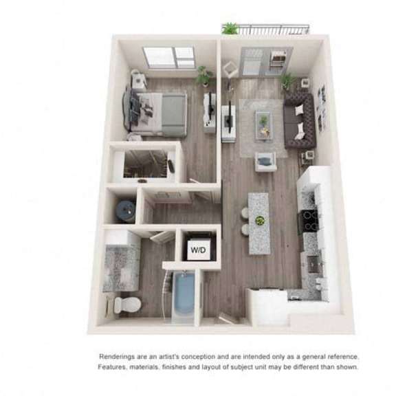 Thumbnail 1 of 2 A drawing of a small apartment with a kitchen, living room, and bathroom.