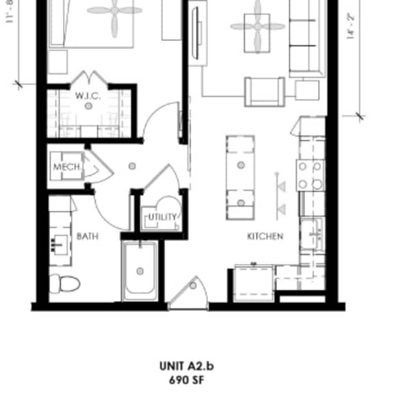 Thumbnail 2 of 2 A black and white image of a floor plan for a 690 square foot unit.