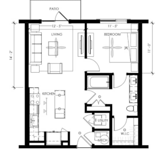 Thumbnail 2 of 2 A black and white image of a floor plan for a 700 square foot unit.