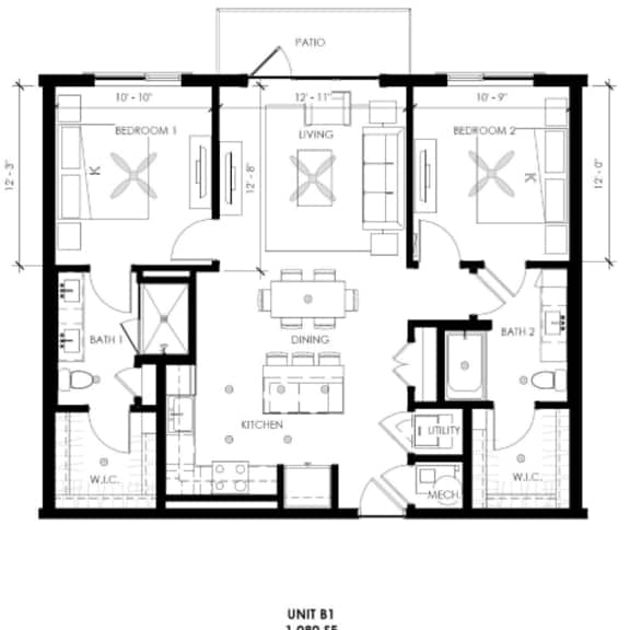 Thumbnail 2 of 2 A black and white image of a floor plan for a one bedroom apartment.