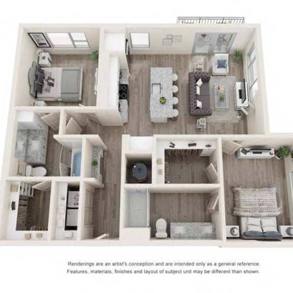 Thumbnail 1 of 2 A floor plan of a house with a kitchen, living room, and two bedrooms.