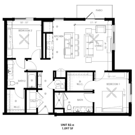 Thumbnail 2 of 2 A black and white floor plan of a two-bedroom apartment.