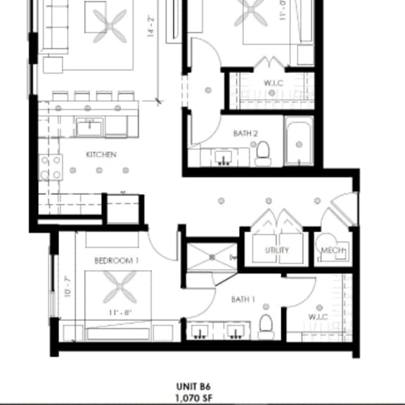 Thumbnail 2 of 2 A black and white image of a floor plan for a 1,070 square foot unit.