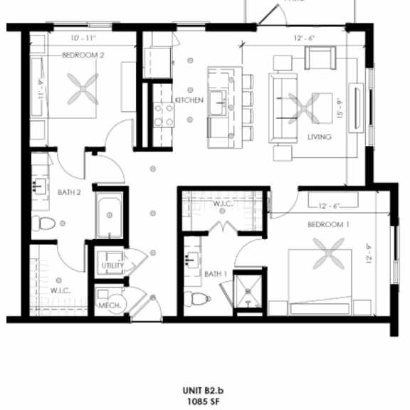 Thumbnail 2 of 2 A black and white floor plan of a two-bedroom apartment.