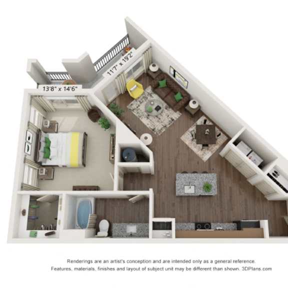 Thumbnail 1 of 2 A 3D floor plan of a house with a living room, kitchen, and two bedrooms.