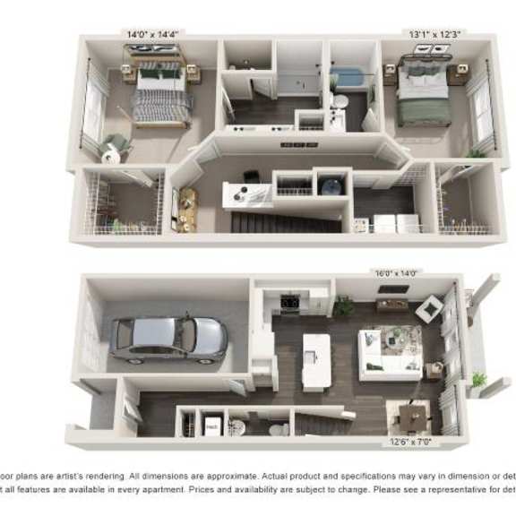 Thumbnail 2 of 3 A floor plan of an apartment with a car parked in the garage.