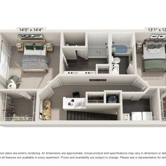 Thumbnail 1 of 3 A floor plan of an apartment showing a kitchen, living room, and two bedrooms.