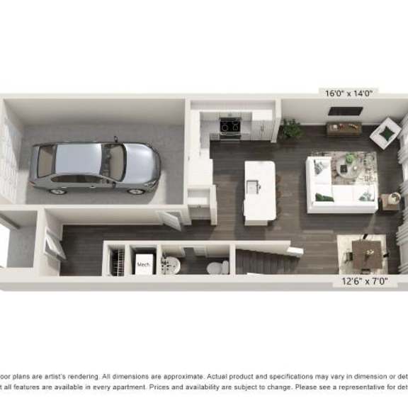 Thumbnail 3 of 3 A floor plan of an apartment with a kitchen, living room, and bathroom.