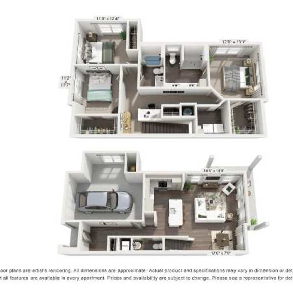 Thumbnail 1 of 3 A floor plan of an apartment is shown with two bedrooms, a living room, a kitchen, and a bathroom.