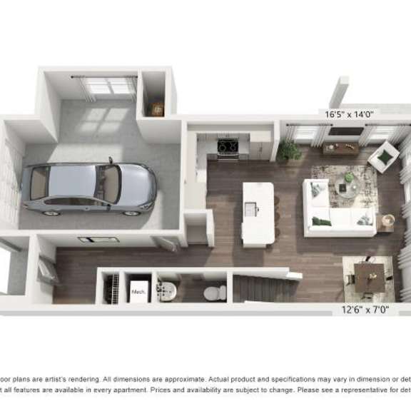 Thumbnail 2 of 3 A floor plan of an apartment with a car in the garage.