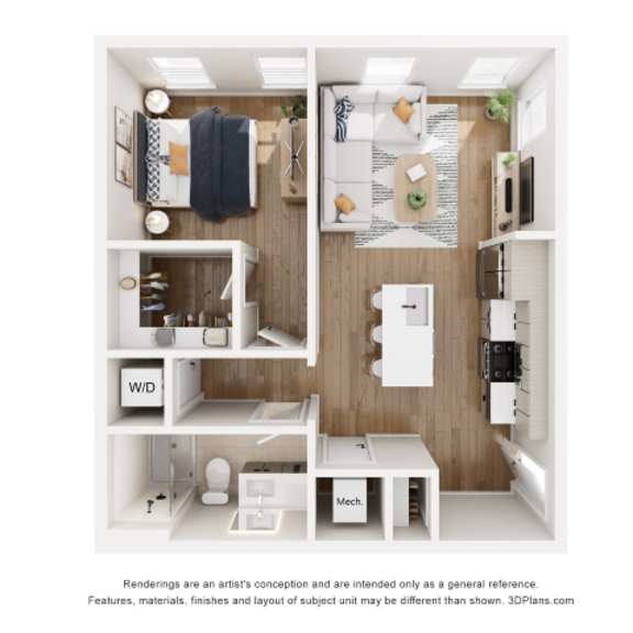 Thumbnail 1 of 2 A 3D floor plan of a small apartment with a kitchen, bathroom, and living room.