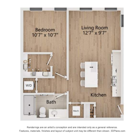 Thumbnail 2 of 2 A floor plan of a small apartment with a bedroom, living room, kitchen, and bathroom.