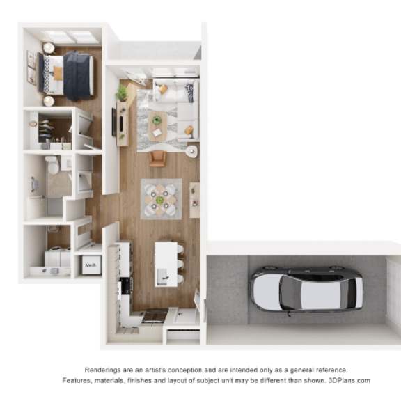 Thumbnail 1 of 4 A 3D floor plan of a small apartment with a kitchen, living room, and bathroom.