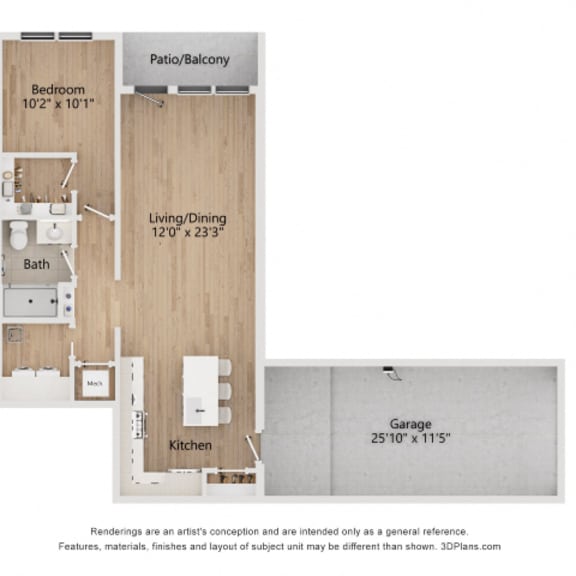Thumbnail 2 of 4 A floor plan of a house with a bedroom, living/dining area, kitchen, bath, and garage.