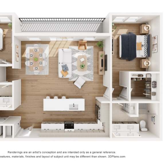 Thumbnail 1 of 2 A 3D floor plan of a small apartment with a kitchen, living room, and bathroom.