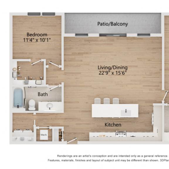 Thumbnail 2 of 2 A floor plan of a house with two bedrooms, a living/dining area, a kitchen, a bath, and a patio/balcony.