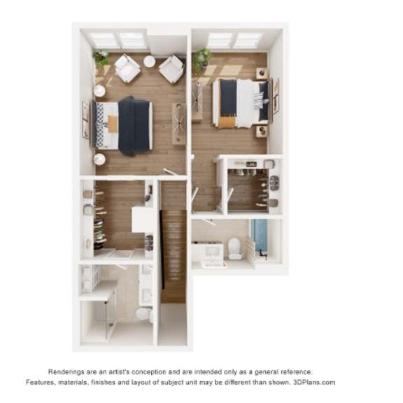 Thumbnail 3 of 6 A 3D floor plan of a small apartment with a kitchen, living room, and bathroom.