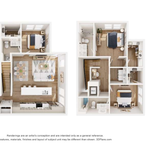 Thumbnail 5 of 6 A 3D floor plan of a house with two bedrooms, a living room, a kitchen, a bathroom, and a garage.