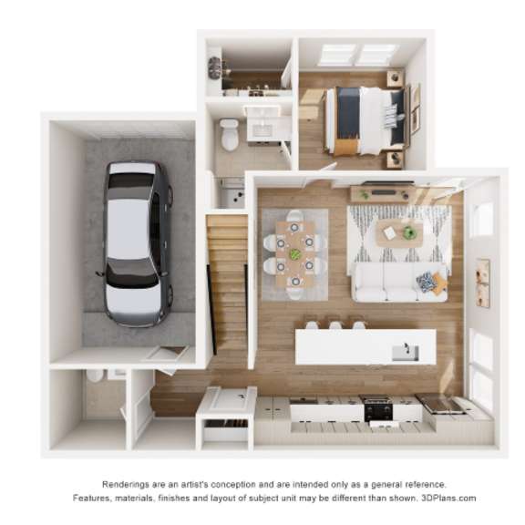Thumbnail 6 of 6 A 3D floor plan of a house with a kitchen, living room, and bathroom.