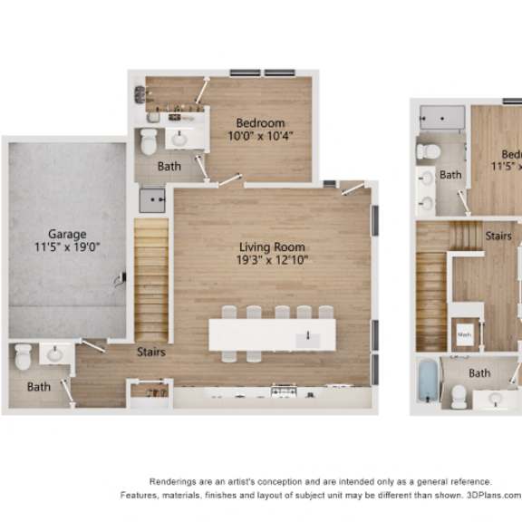 Thumbnail 2 of 6 A set of three images showing floor plans for a house with a garage, living room, and two bedrooms.