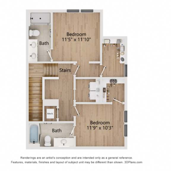 Thumbnail 4 of 6 A 3D floor plan of a house with two bedrooms, a bathroom, and a kitchen.