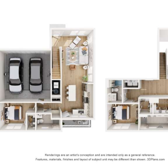 Thumbnail 1 of 6 A 3D floor plan of a house with two bedrooms, a living room, a kitchen, and a garage.