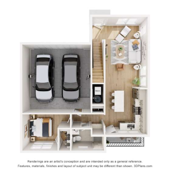 Thumbnail 2 of 6 A 3D floor plan of a small apartment with two parking spaces.