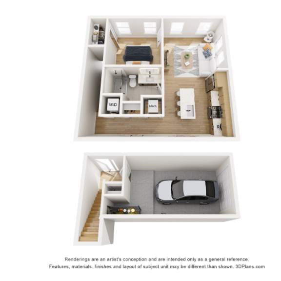 Thumbnail 1 of 3 A 3D floor plan of a small apartment with two bedrooms, a living room, and a kitchen.