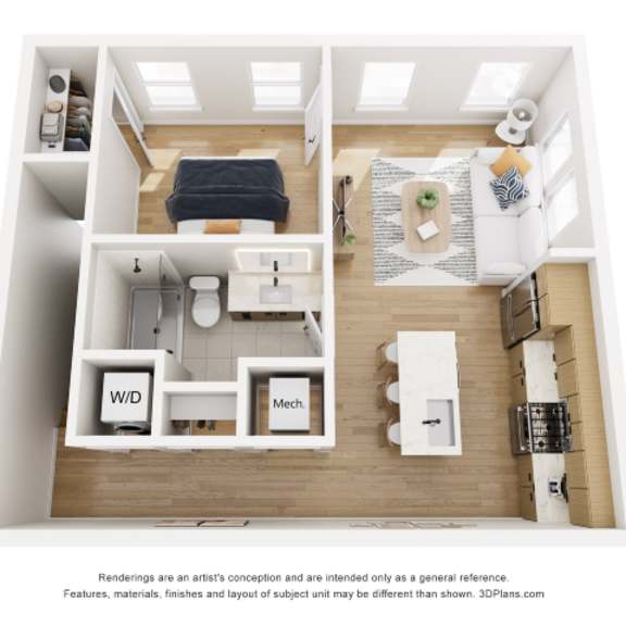 Thumbnail 2 of 3 A 3D floor plan of a small apartment with a kitchen, living room, and bathroom.