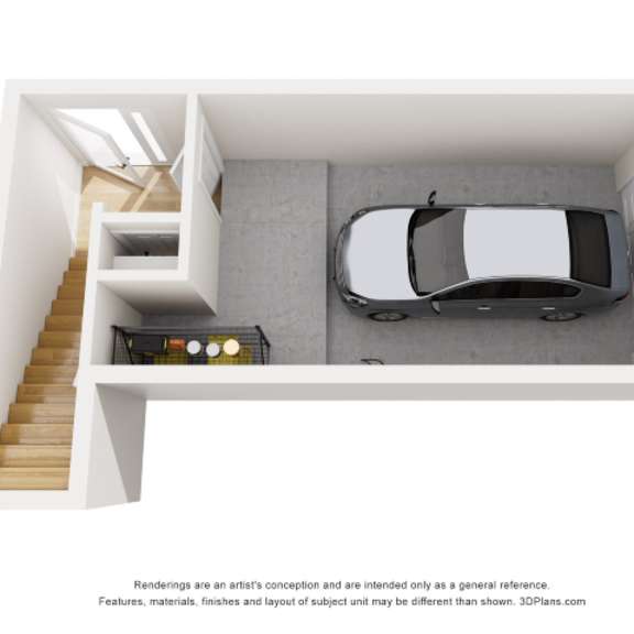 Thumbnail 3 of 3 A car is parked in a garage with a staircase leading to the upper floor.