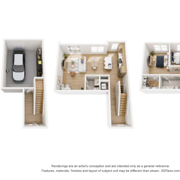 Thumbnail 1 of 4 A 3D floor plan of a house with a car and staircase.