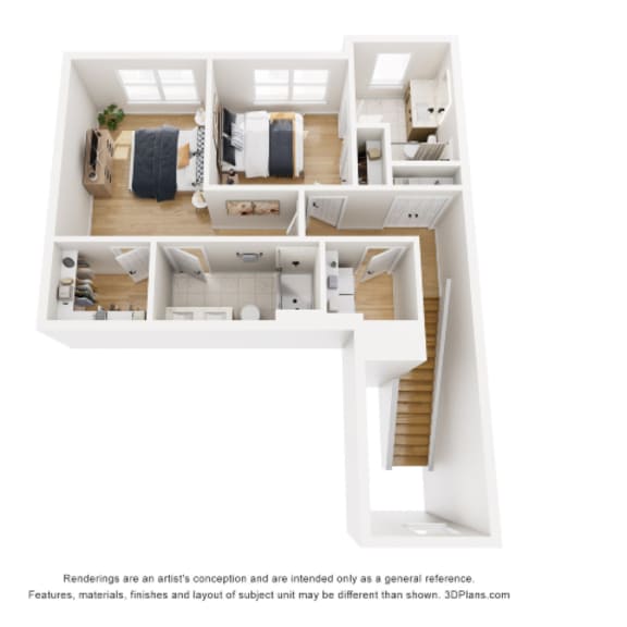 Thumbnail 2 of 4 A 3D floor plan of a house with a staircase leading to the upper floor.