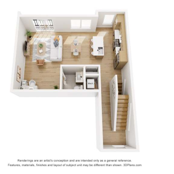 Thumbnail 3 of 4 A 3D floor plan of a house with a kitchen, living room, and staircase.