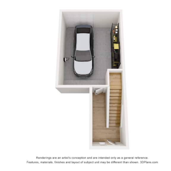 Thumbnail 4 of 4 A car is parked in a garage with a wooden staircase.