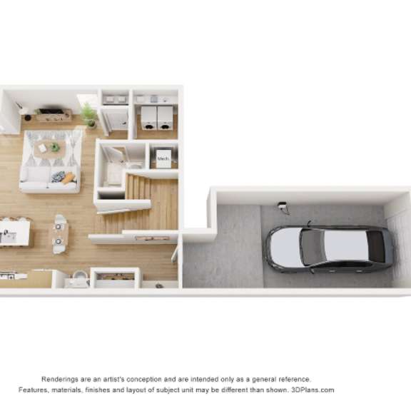 Thumbnail 2 of 3 A 3D floor plan of a house with a kitchen, living room, and bedrooms.