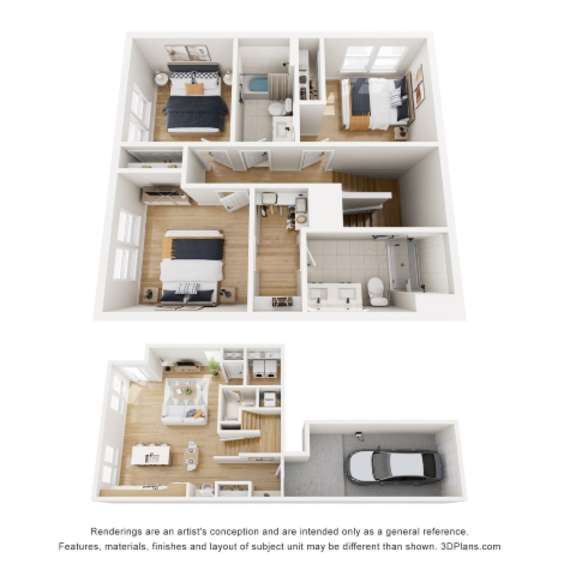 Thumbnail 3 of 3 A 3D floor plan of a two-bedroom apartment with a kitchen, living room, and bathroom.